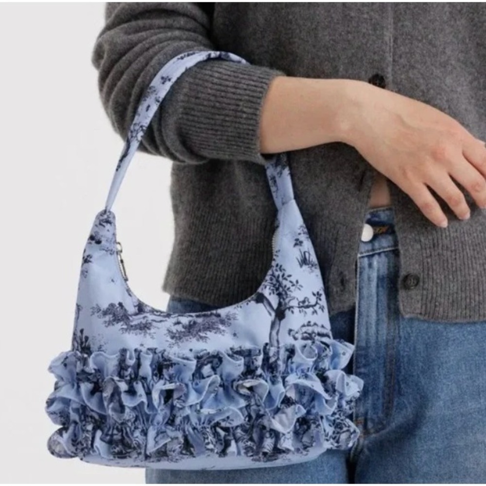 BAGGU Molly Goddard Mini Nylon Shoulder Bag Blue Toile Bunny Ruffle Trim